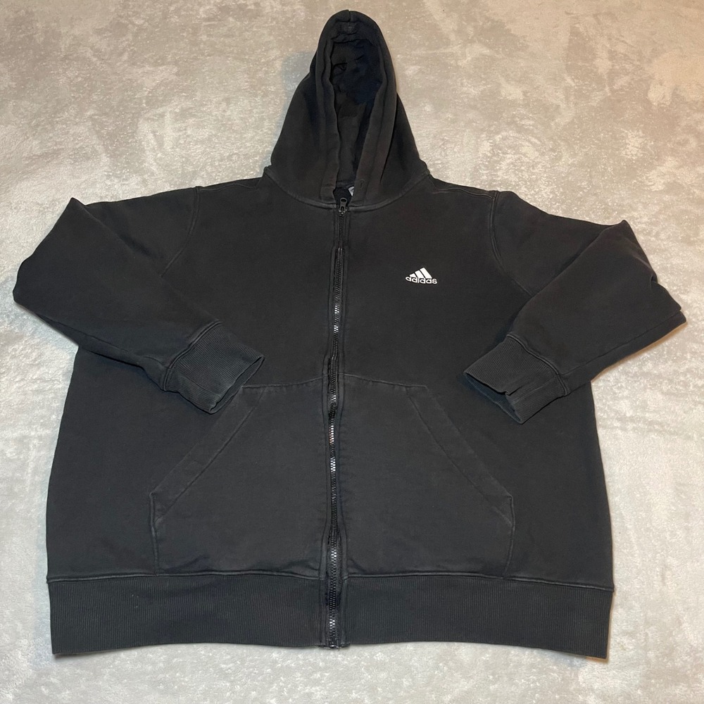 Vintage Y2K Adidas Mens 2X Full Zip Hoodie Black Logo Sleeve Sweatshirt Sweater